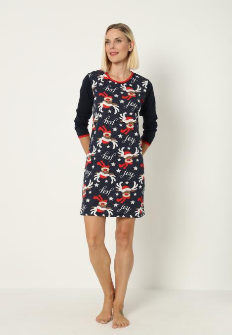 Camasa de noapte Craciun,imprimeu reni,culoare bleumarin ,En-gros